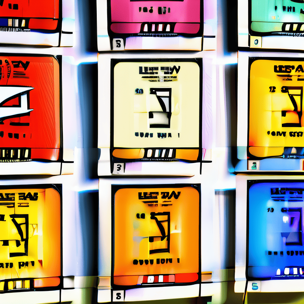 An array of colorful QSL cards displayed on a wall.