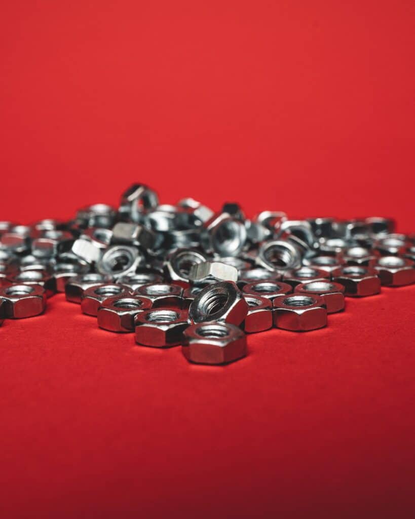 Close-up of metal fasteners (nuts) showcasing durability.