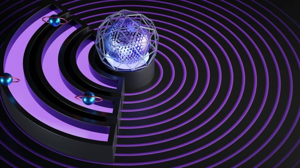A purple circle with a light represents IoT, all things connected.